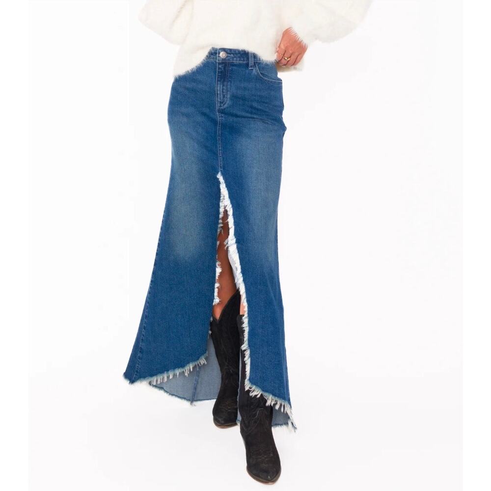 Show Me Your Mumu Open Seas Reba Frayed Denim Front Slit Maxi Skirt Size 26